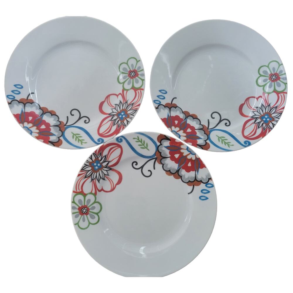Fitz and Floyd Salad Plates Gourmet 8.25" White Mod Floral Set of 3 Contemporary